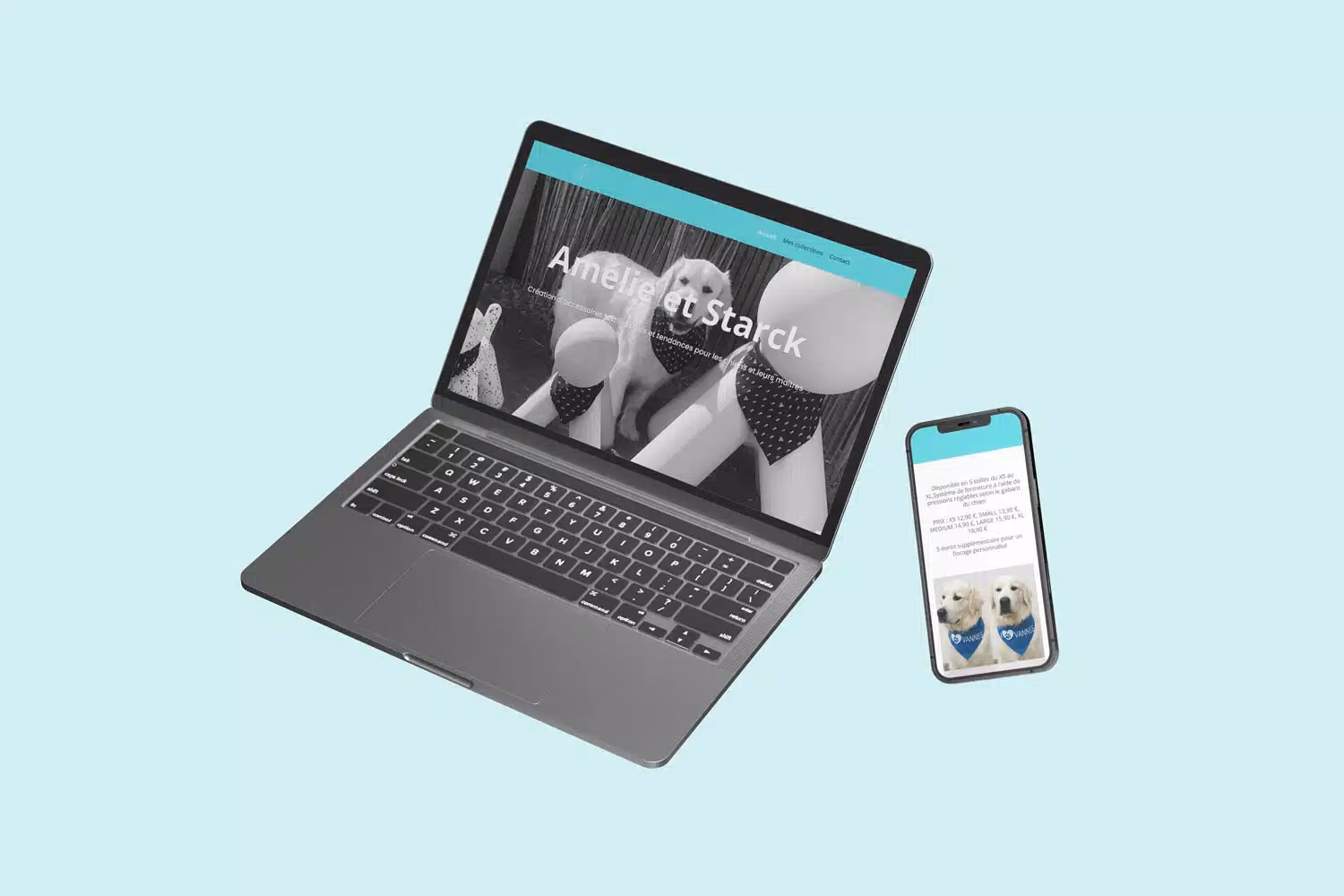 Site internet réalisé pour une boutique d’accessoires artisanaux pour chiens, affiché sur ordinateur portable et smartphone, exemple de réalisation dans le Morbihan